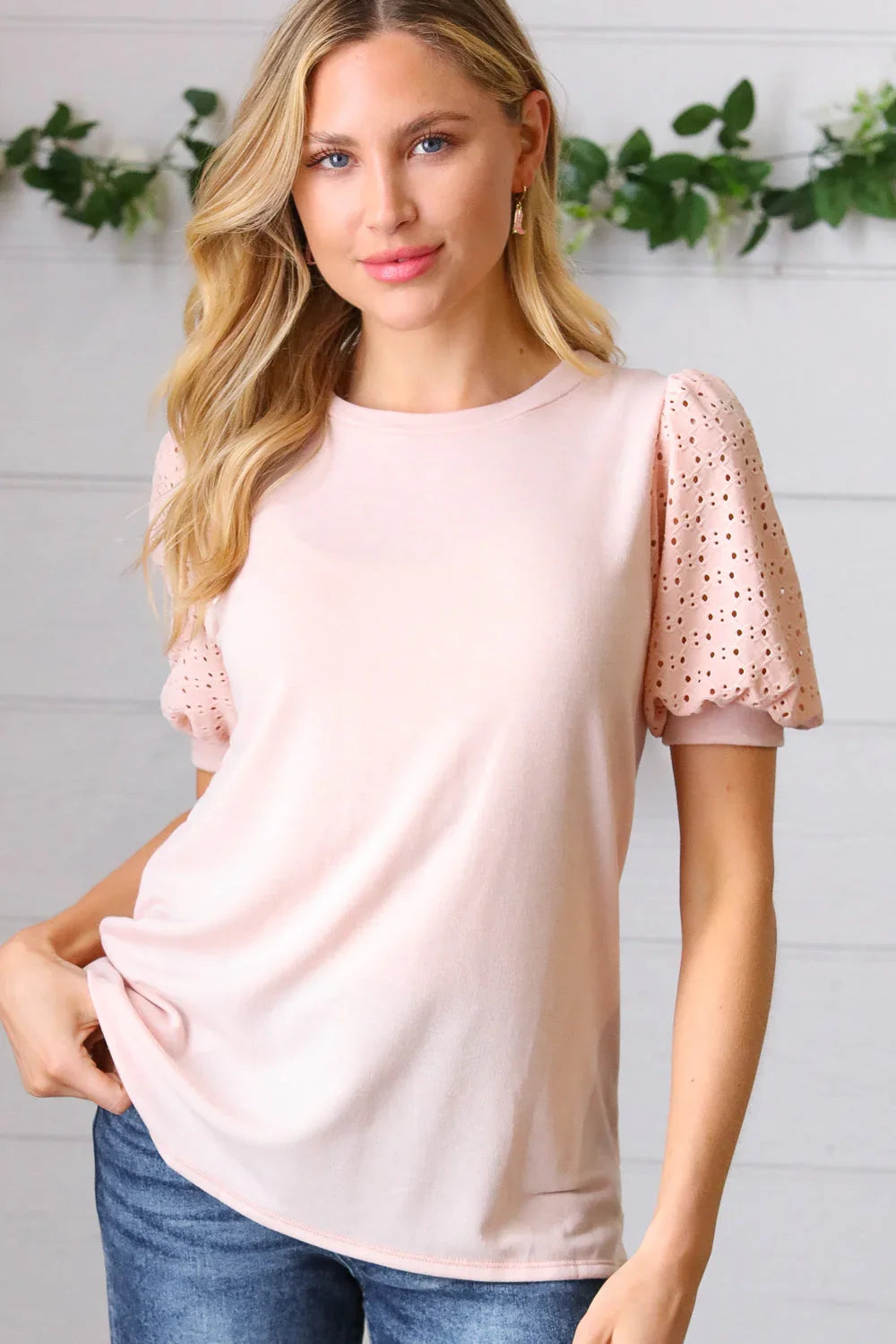 Peach Eyelet Puff Sleeve French Terry Top | Daverri Fashions