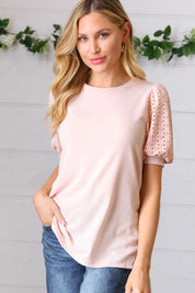 Peach Eyelet Puff Sleeve French Terry Top | Daverri Fashions