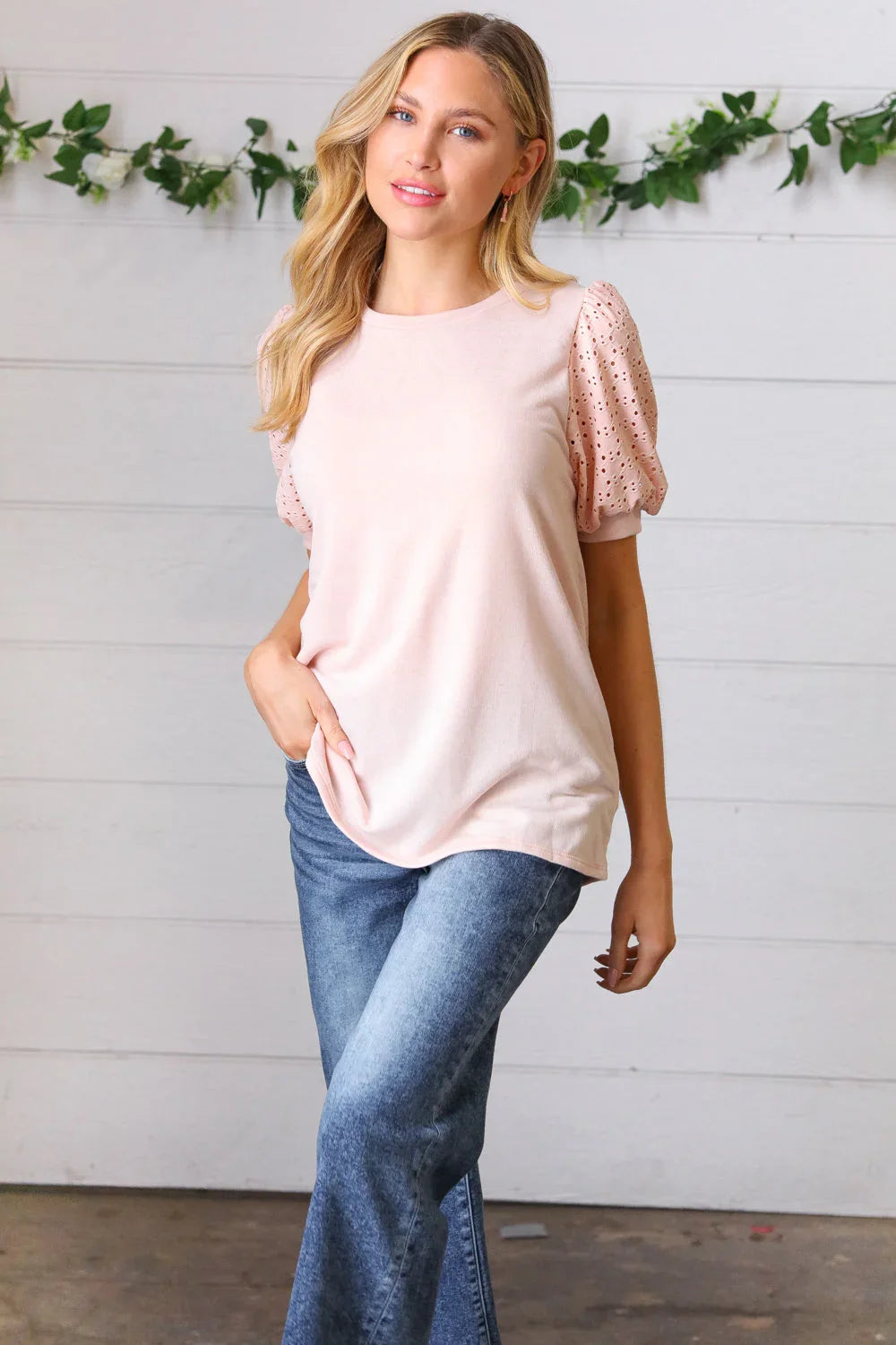 Peach Eyelet Puff Sleeve French Terry Top | Daverri Fashions
