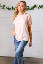 Peach Eyelet Puff Sleeve French Terry Top | Daverri Fashions
