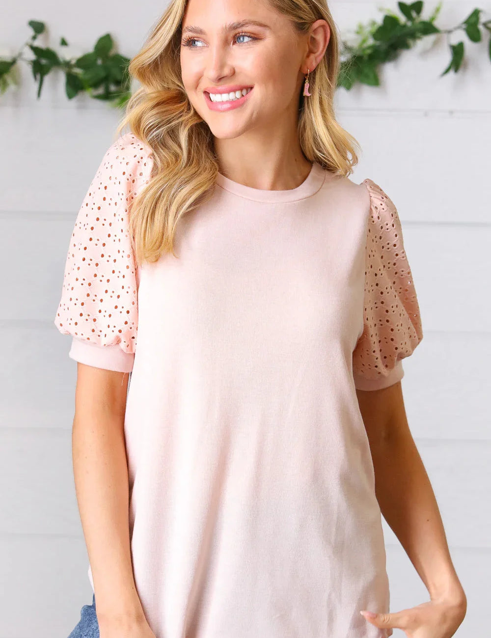 Peach Eyelet Puff Sleeve French Terry Top | Daverri Fashions