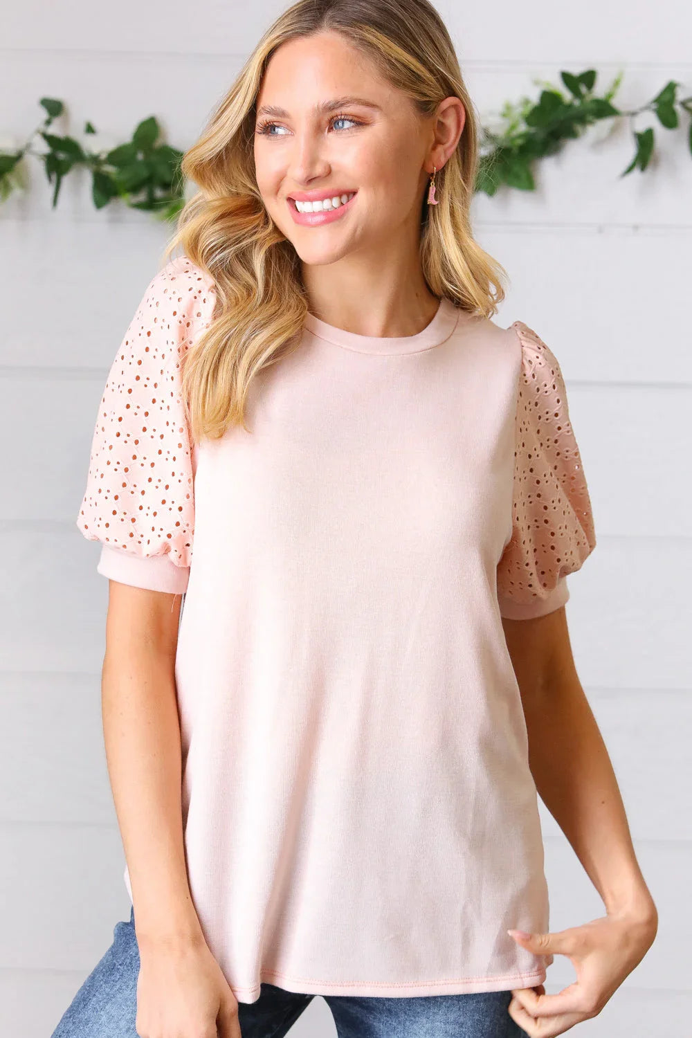 Peach Eyelet Puff Sleeve French Terry Top | Daverri Fashions