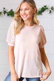 Peach Eyelet Puff Sleeve French Terry Top | Daverri Fashions