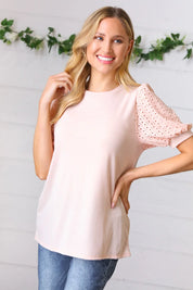 Peach Eyelet Puff Sleeve French Terry Top | Daverri Fashions