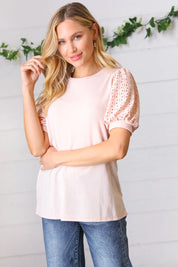 Peach Eyelet Puff Sleeve French Terry Top | Daverri Fashions