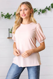 Peach Eyelet Puff Sleeve French Terry Top | Daverri Fashions