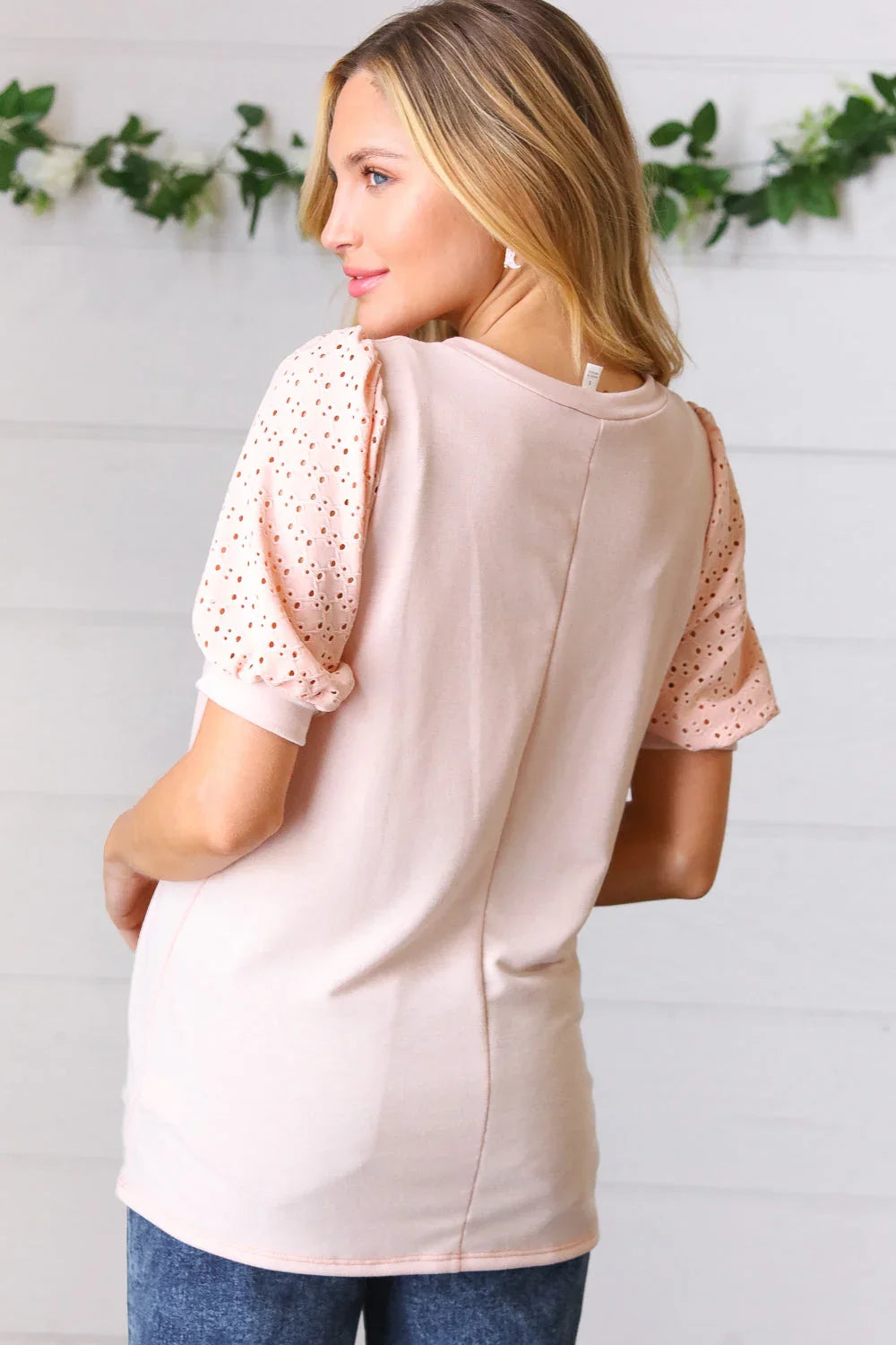 Peach Eyelet Puff Sleeve French Terry Top | Daverri Fashions