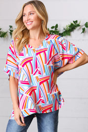 Blue & Fuchsia Geometric Print Woven Top | Daverri Fashions