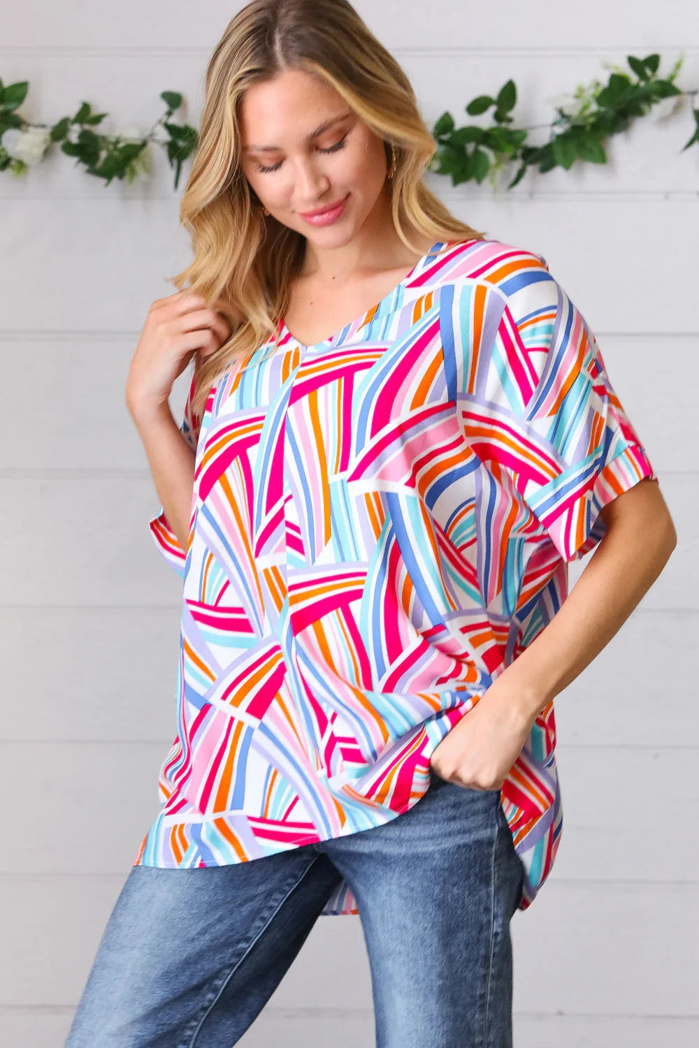 Blue & Fuchsia Geometric Print Woven Top | Daverri Fashions