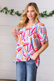 Blue & Fuchsia Geometric Print Woven Top | Daverri Fashions