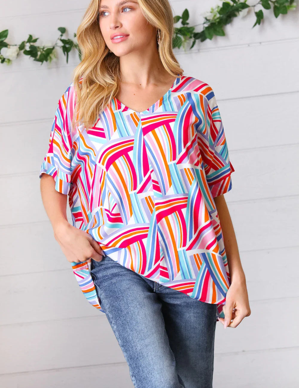 Blue & Fuchsia Geometric Print Woven Top | Daverri Fashions