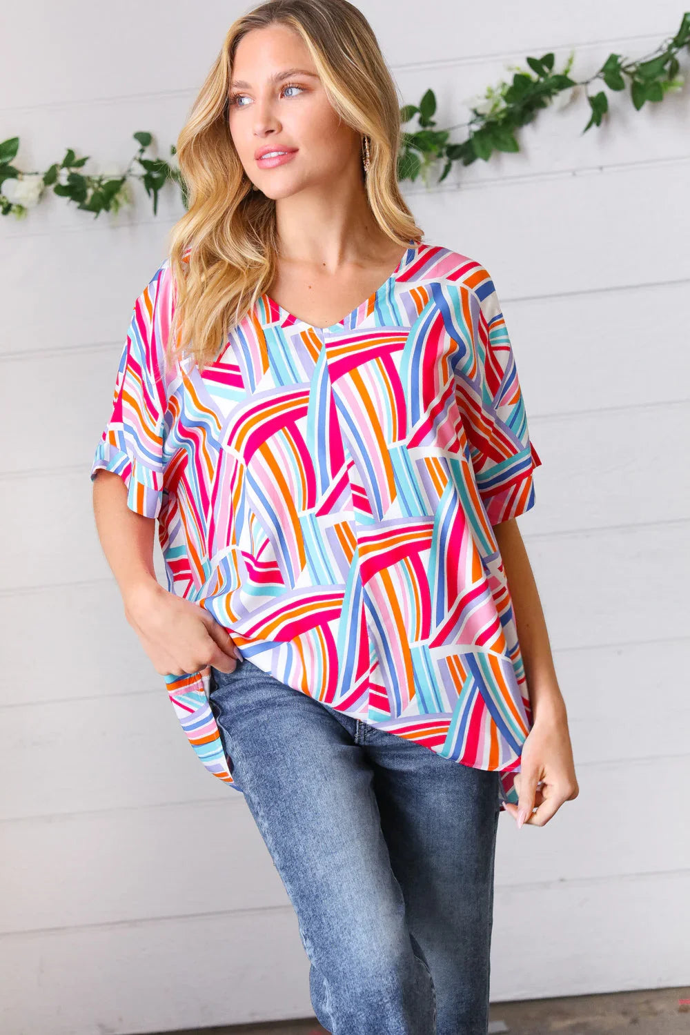 Blue & Fuchsia Geometric Print Woven Top | Daverri Fashions