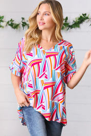 Blue & Fuchsia Geometric Print Woven Top | Daverri Fashions