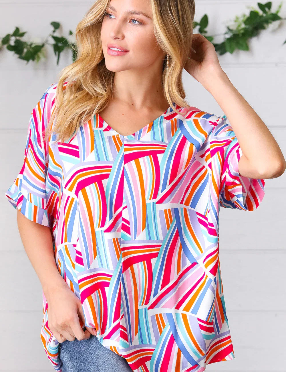 Blue & Fuchsia Geometric Print Woven Top | Daverri Fashions