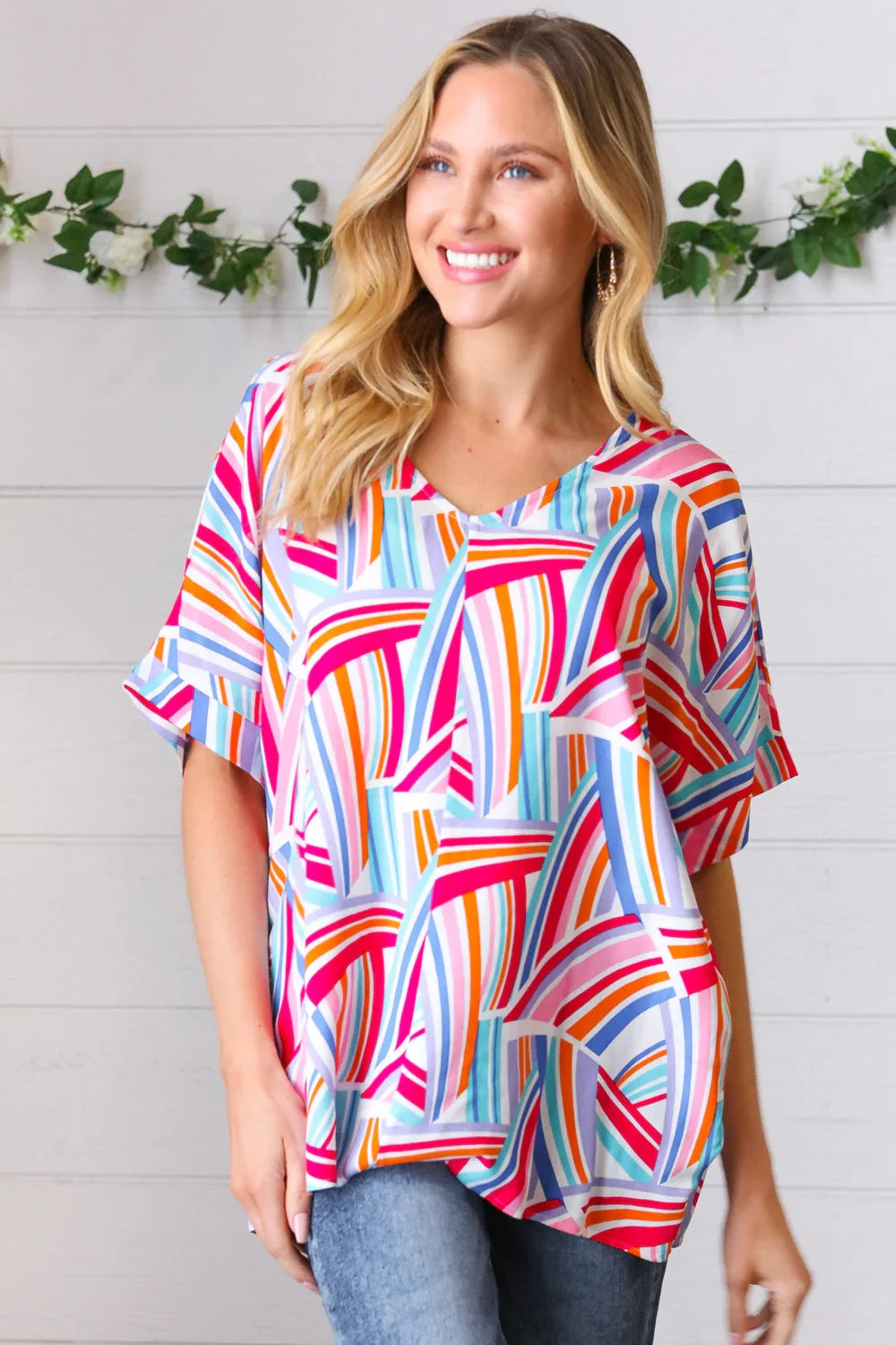 Blue & Fuchsia Geometric Print Woven Top | Daverri Fashions