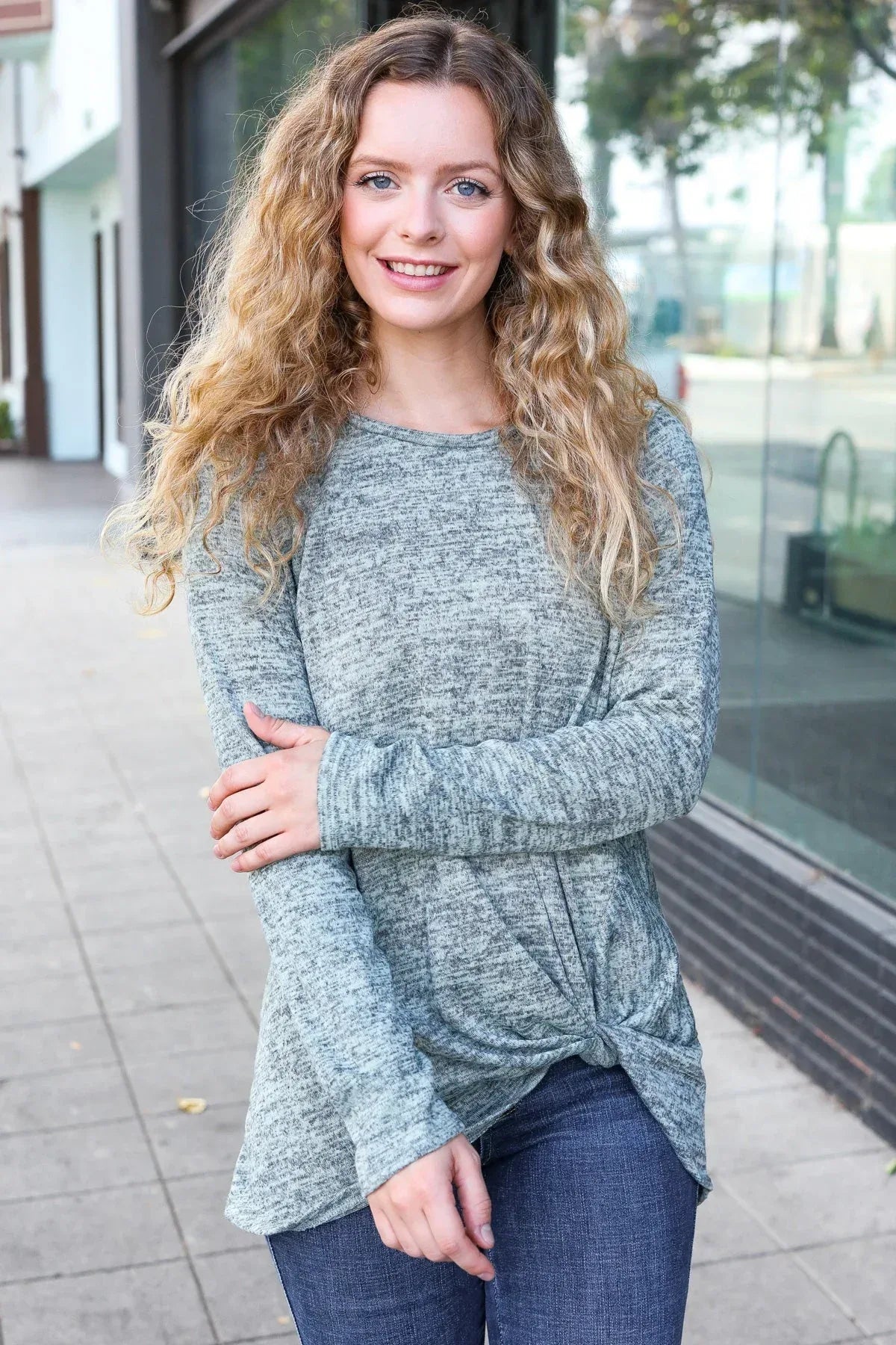 Weekend Ready Green Two-Tone Front Knot Pullover - DAVERRI FASHIONS