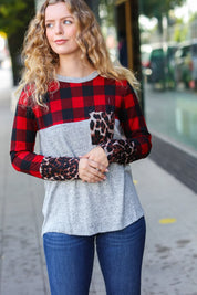 All Of Me Grey & Red Plaid Animal Print Pocketed Top | Daverri Fashions
