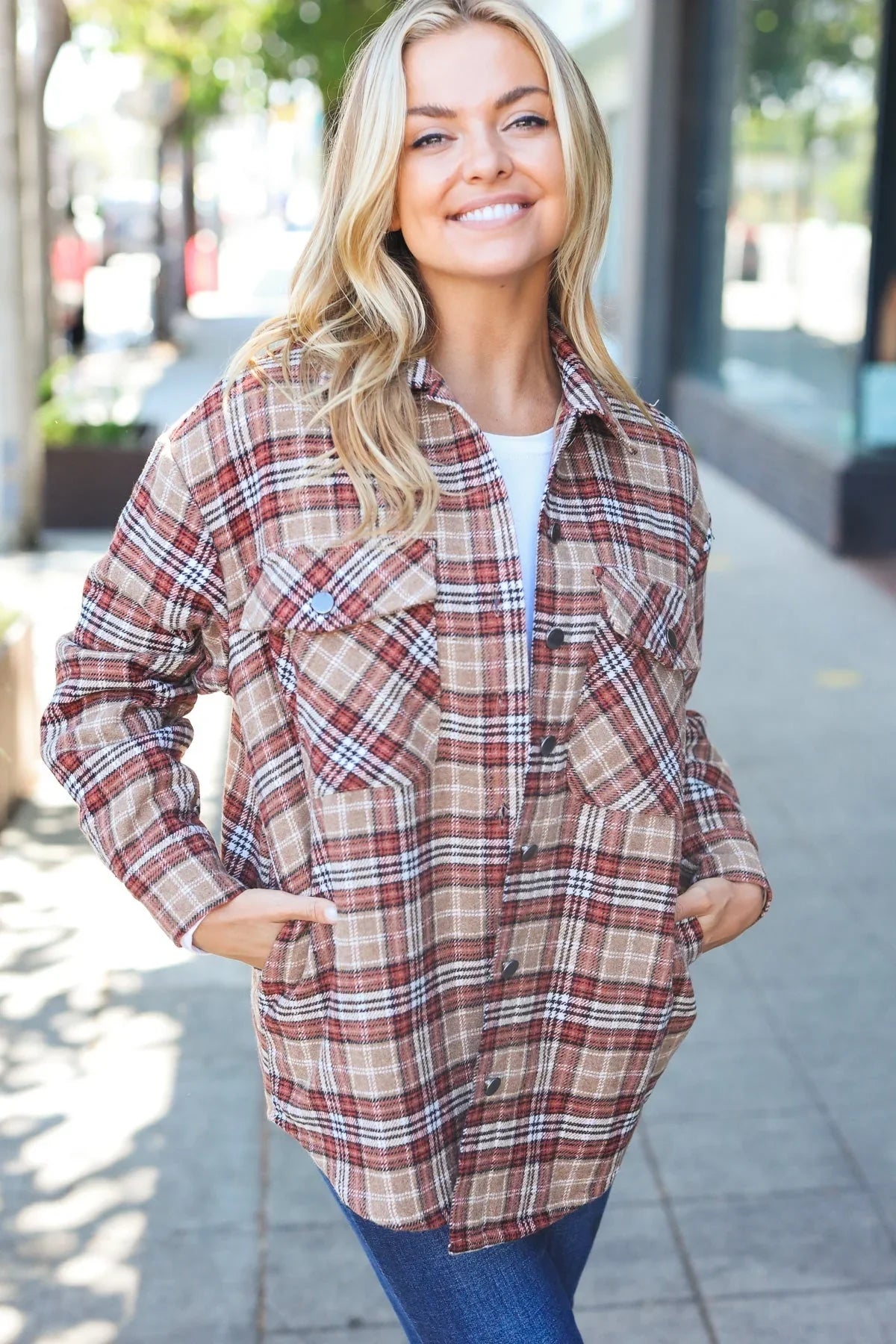 Be You Best Taupe Plaid Quilt Lined Button Down Shacket | Daverri Fashions