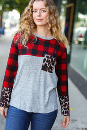 All Of Me Grey & Red Plaid Animal Print Pocketed Top | Daverri Fashions
