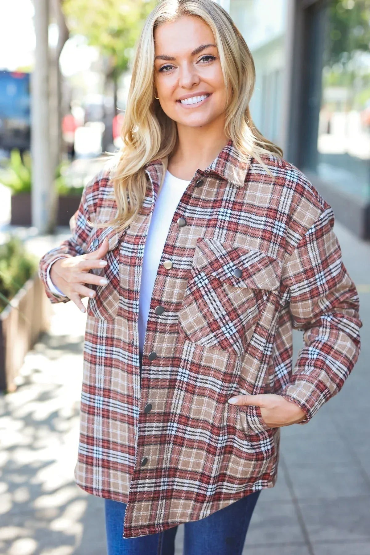 Be You Best Taupe Plaid Quilt Lined Button Down Shacket - DAVERRI FASHIONS