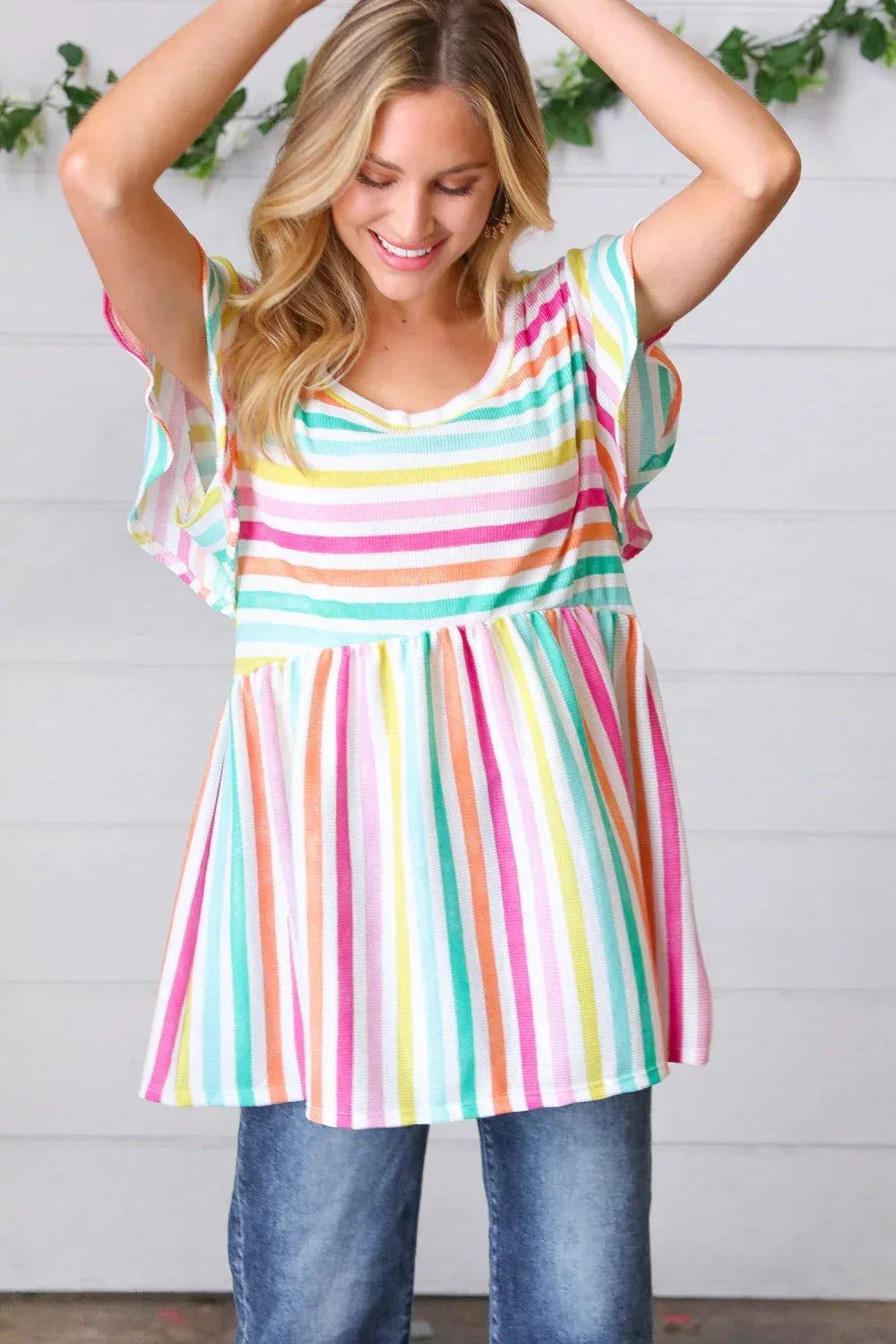 Lavender Rainbow Stripe Babydoll To - DAVERRI FASHIONS