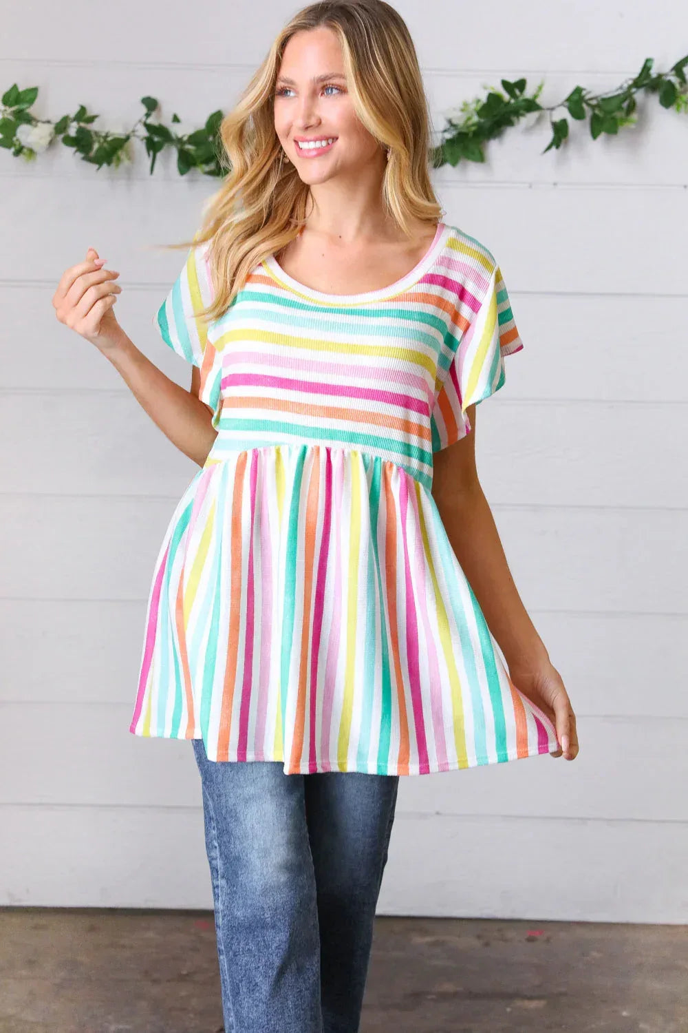 Lavender Rainbow Stripe Babydoll To - DAVERRI FASHIONS
