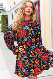 Lock Eyes Black Floral Sequin Print Ruffle Sleeve Frill Mock Neck Dress | Daverri Fashions