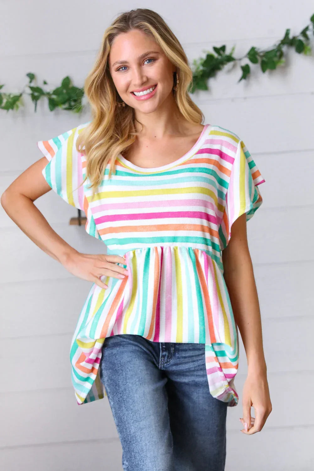 Lavender Rainbow Stripe Babydoll To - DAVERRI FASHIONS