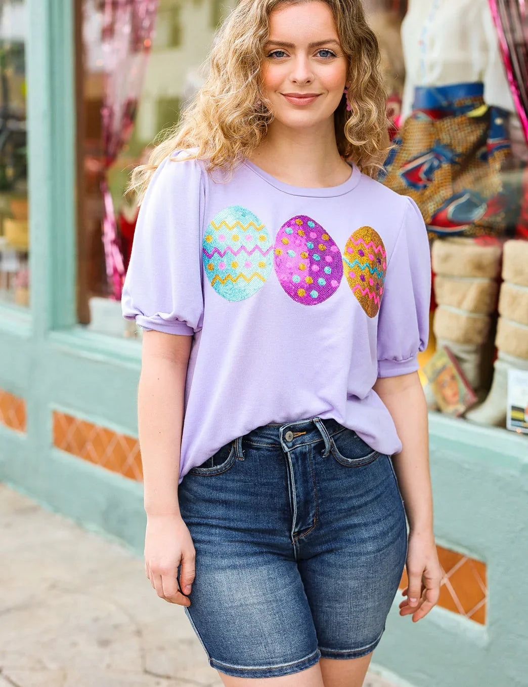 Turn Heads Lilac Sequin Easter Egg Terry Top | 2024 Blow-Out Sale Daverri Fashions