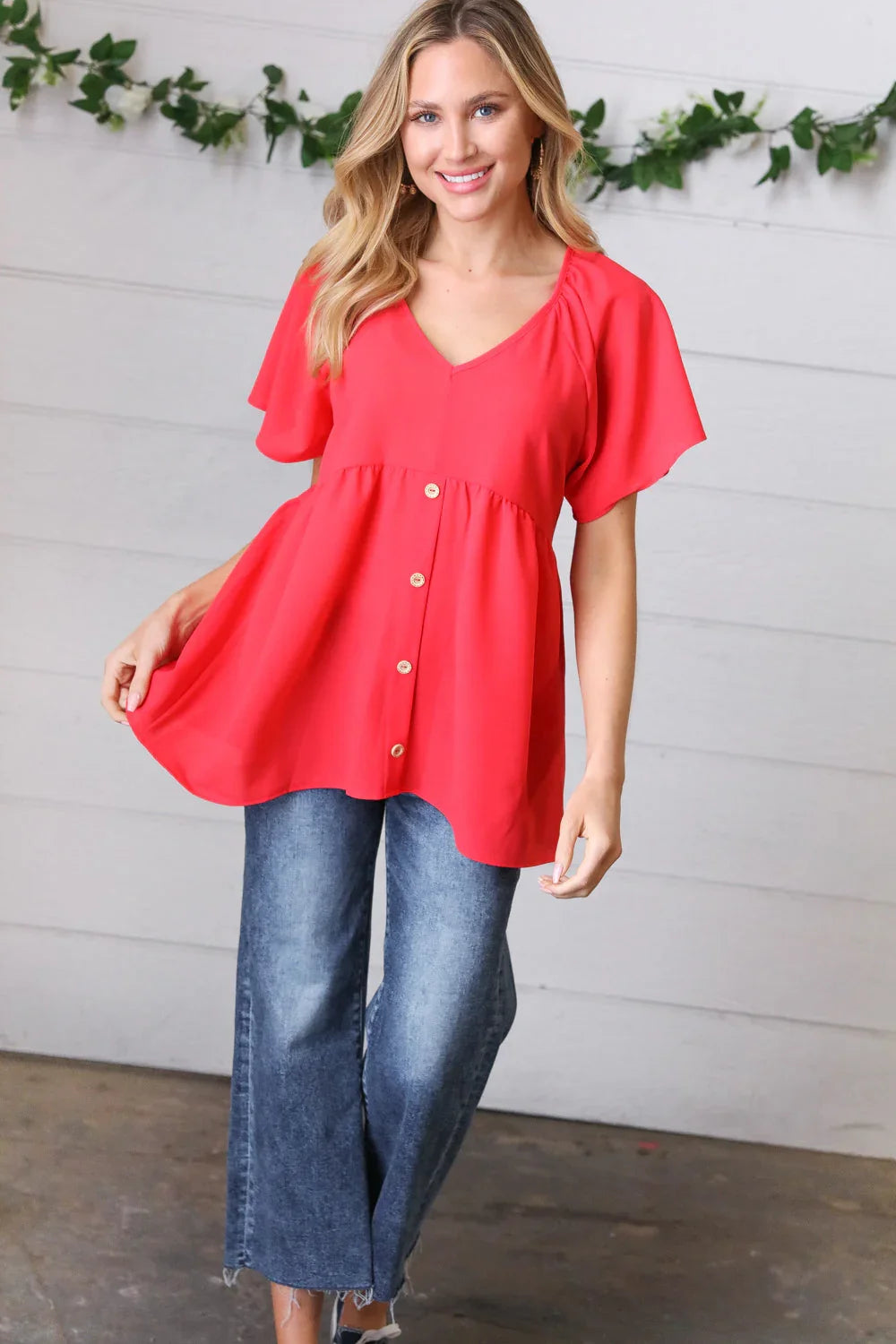 Cherry Red Babydoll Button Down Raglan Woven Top | Daverri Fashions