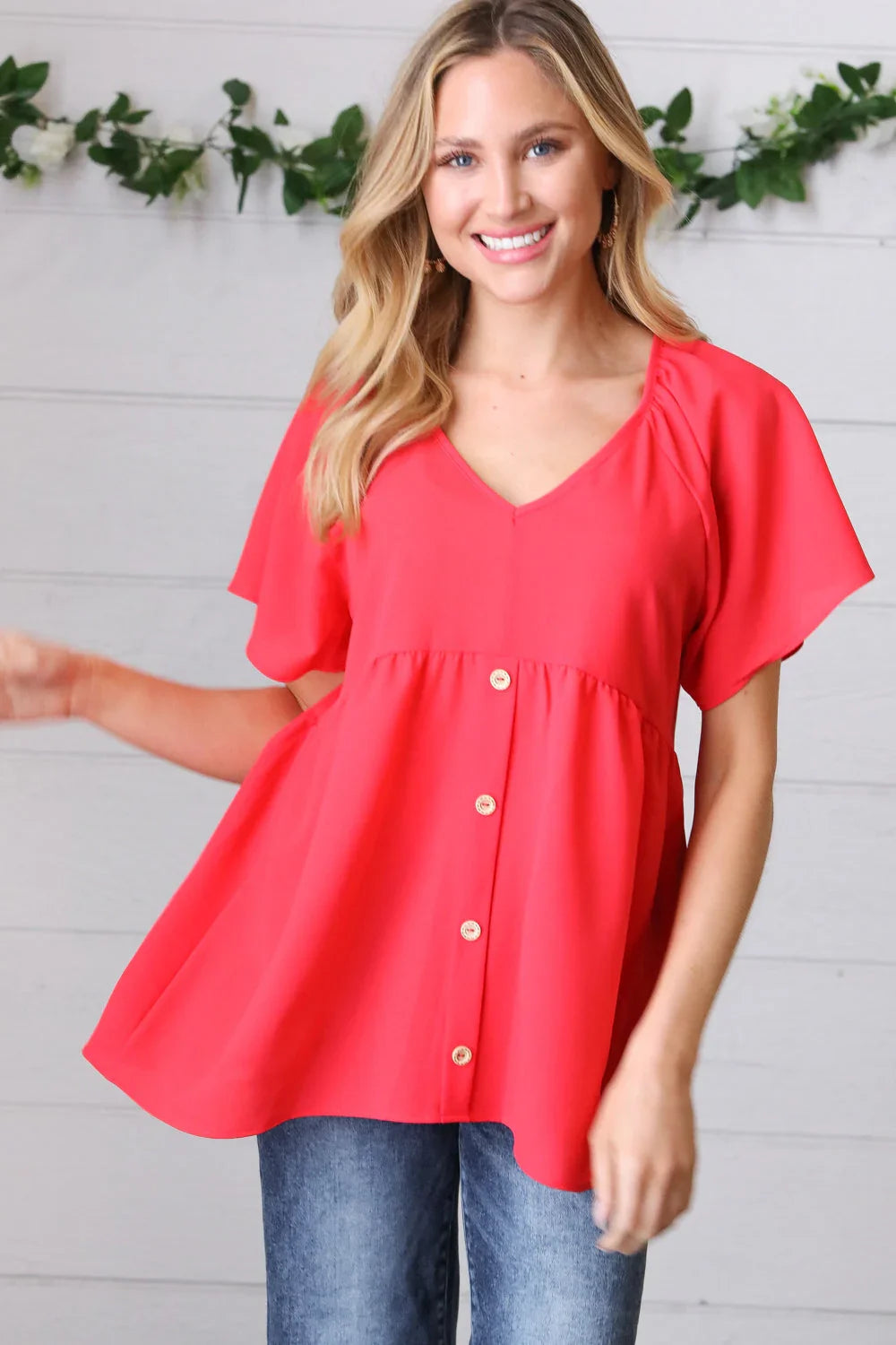 Cherry Red Babydoll Button Down Raglan Woven Top | Daverri Fashions