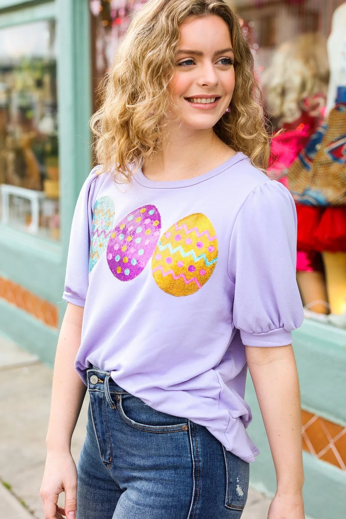 Turn Heads Lilac Sequin Easter Egg Terry Top | 2024 Blow-Out Sale Daverri Fashions