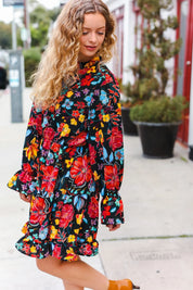 Lock Eyes Black Floral Sequin Print Ruffle Sleeve Frill Mock Neck Dress | Daverri Fashions