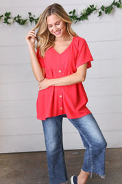 Cherry Red Babydoll Button Down Raglan Woven Top | Daverri Fashions