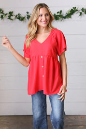 Cherry Red Babydoll Button Down Raglan Woven Top | Daverri Fashions