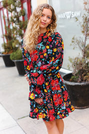 Lock Eyes Black Floral Sequin Print Ruffle Sleeve Frill Mock Neck Dress | Daverri Fashions