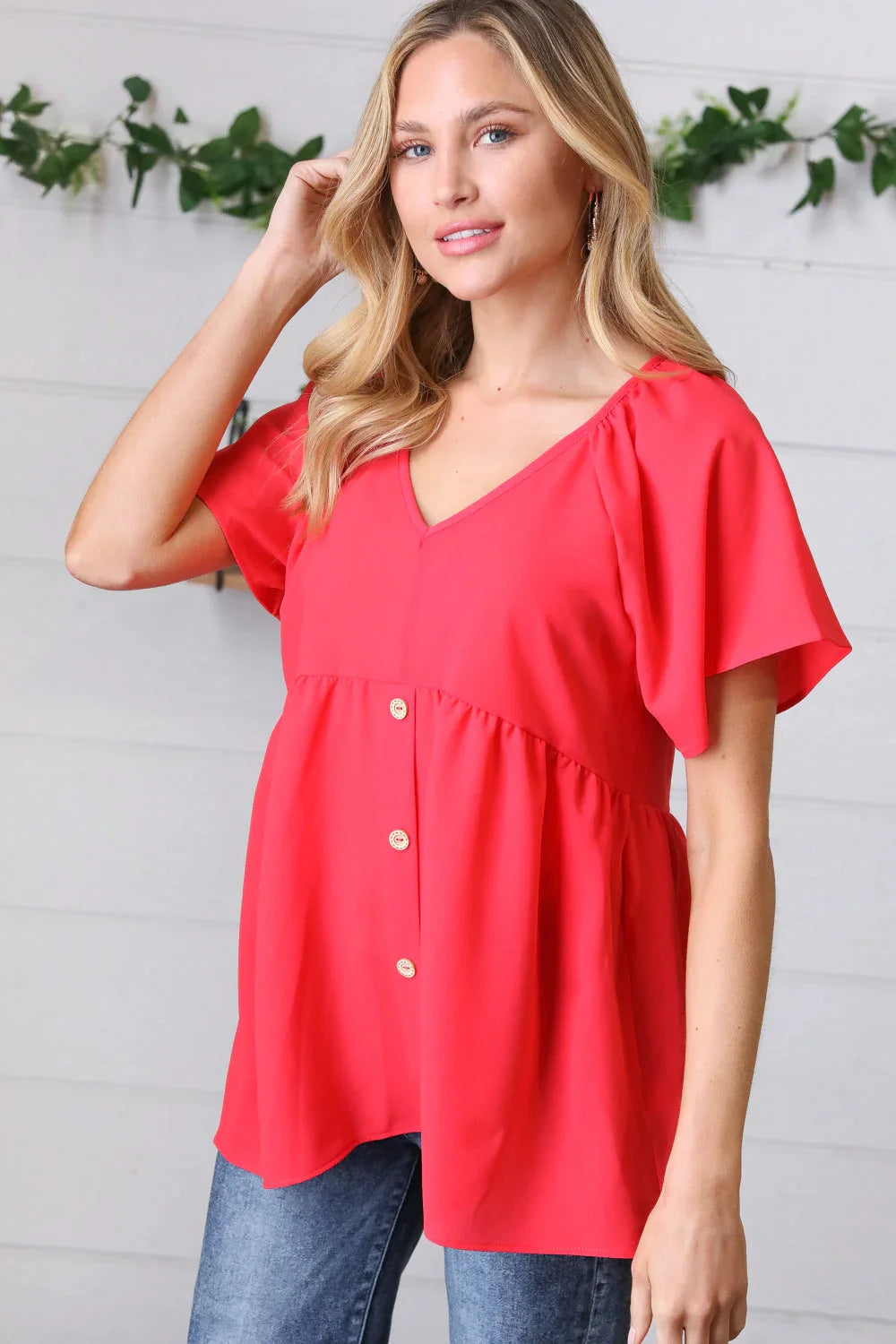 Cherry Red Babydoll Button Down Raglan Woven Top | Daverri Fashions