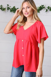 Cherry Red Babydoll Button Down Raglan Woven Top | Daverri Fashions