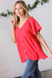Cherry Red Babydoll Button Down Raglan Woven Top | Daverri Fashions