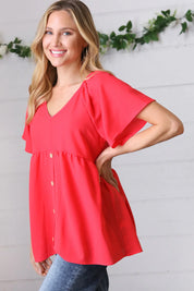 Cherry Red Babydoll Button Down Raglan Woven Top | Daverri Fashions