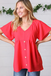 Cherry Red Babydoll Button Down Raglan Woven Top | Daverri Fashions