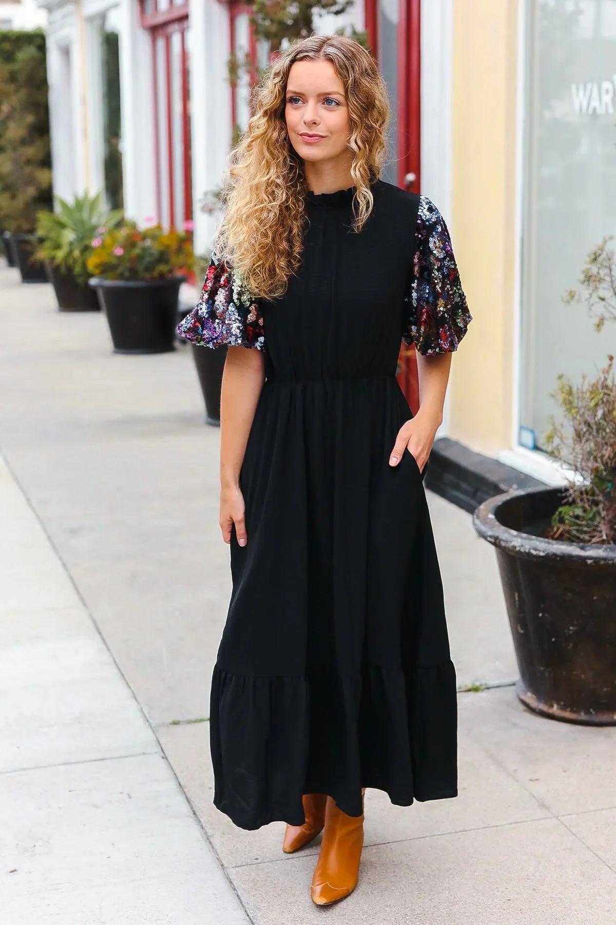 Black Floral Sequin Puff Sleeve Mock Neck Tiered Maxi Dress | Daverri Fashions