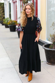 Black Floral Sequin Puff Sleeve Mock Neck Tiered Maxi Dress | Daverri Fashions