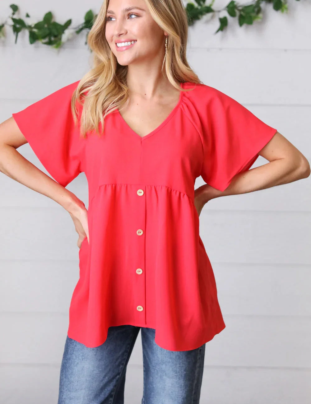 Cherry Red Babydoll Button Down Raglan Woven Top | Daverri Fashions