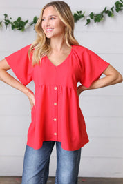 Cherry Red Babydoll Button Down Raglan Woven Top | Daverri Fashions