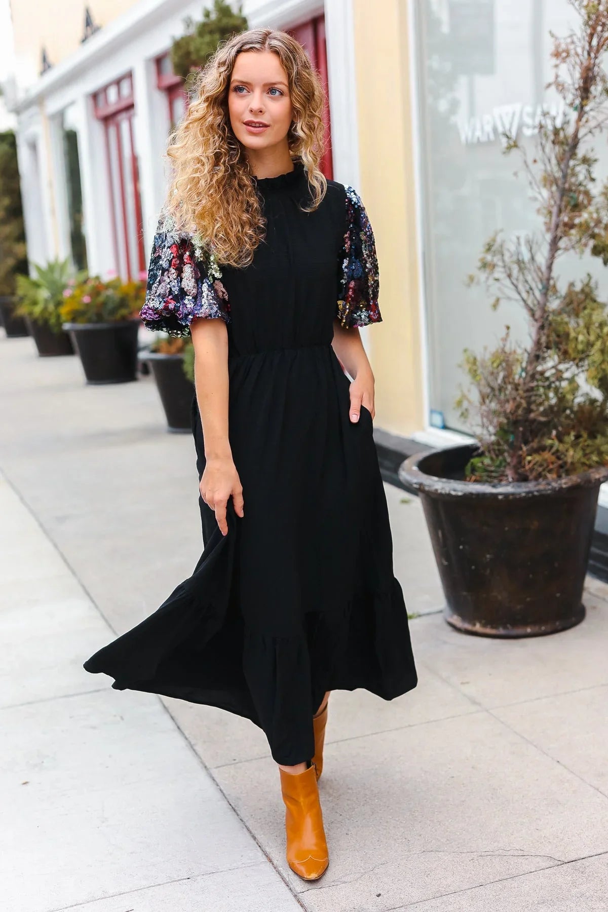 Black Floral Sequin Puff Sleeve Mock Neck Tiered Maxi Dress | Daverri Fashions