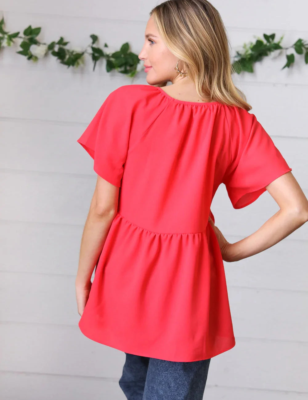 Cherry Red Babydoll Button Down Raglan Woven Top | Daverri Fashions
