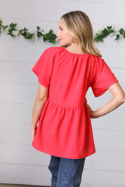 Cherry Red Babydoll Button Down Raglan Woven Top | Daverri Fashions