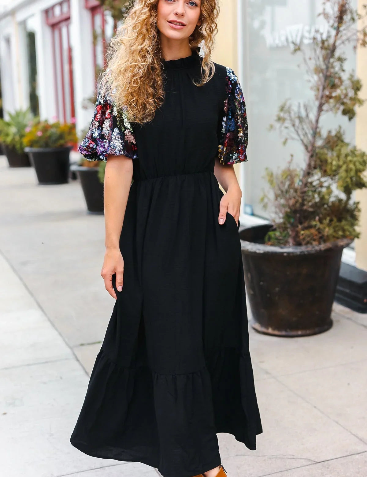 Black Floral Sequin Puff Sleeve Mock Neck Tiered Maxi Dress | Daverri Fashions