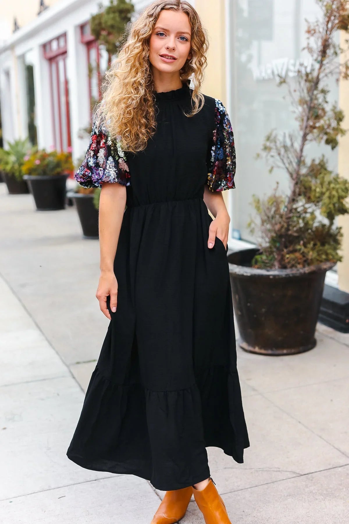 Black Floral Sequin Puff Sleeve Mock Neck Tiered Maxi Dress | Daverri Fashions
